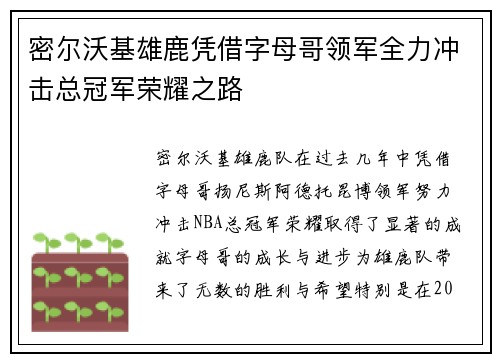 密尔沃基雄鹿凭借字母哥领军全力冲击总冠军荣耀之路