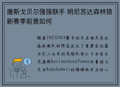 唐斯戈贝尔强强联手 明尼苏达森林狼新赛季前景如何